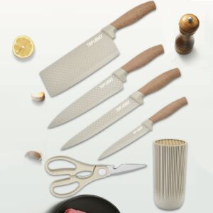 Kitchen Knife Set, Retrosohoo 6-Pieces Khaki Sharp Knife Set for Kitchen, Non-stick Non-slip Stainless Steel Chef Knife Set with Universal Knife Block Suitable for Home Restaurant (Khaki)