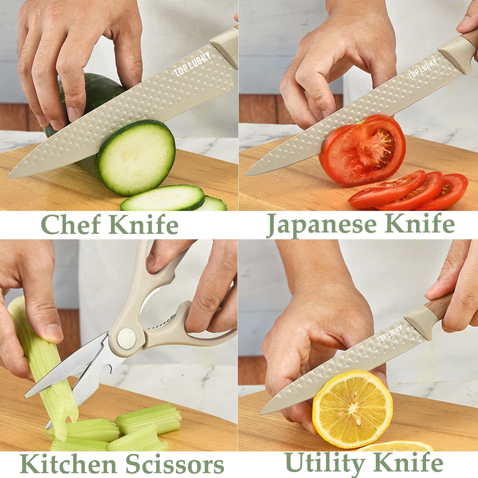 Kitchen Knife Set, Retrosohoo 6-Pieces Khaki Sharp Knife Set for Kitchen, Non-stick Non-slip Stainless Steel Chef Knife Set with Universal Knife Block Suitable for Home Restaurant (Khaki)