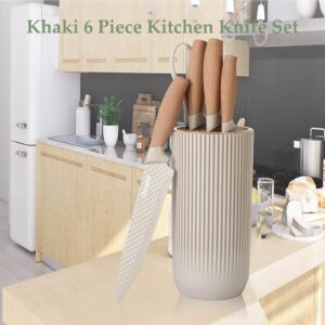 Kitchen Knife Set, Retrosohoo 6-Pieces Khaki Sharp Knife Set for Kitchen, Non-stick Non-slip Stainless Steel Chef Knife Set with Universal Knife Block Suitable for Home Restaurant (Khaki)