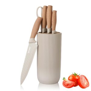 knife set, 6-piece khaki professional kitchen knife set for chef, super sharp knife set with universal knife block, anti-rust stainless steel kitchen knife block set, ergonomical design (khaki)