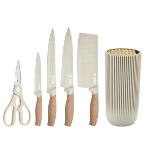 Knife Set, 6-Piece Khaki Professional Kitchen Knife Set for Chef, Super Sharp Knife Set with Universal Knife Block, Anti-Rust Stainless Steel Kitchen Knife Block Set, Ergonomical Design (Khaki)