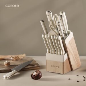 CAROTE 14 Pieces Knife Set with Block, Forged, High Carbon Stainless Steel Sharp Blade Block Knife Set, Dishwasher Safe Cutlery,Linen White