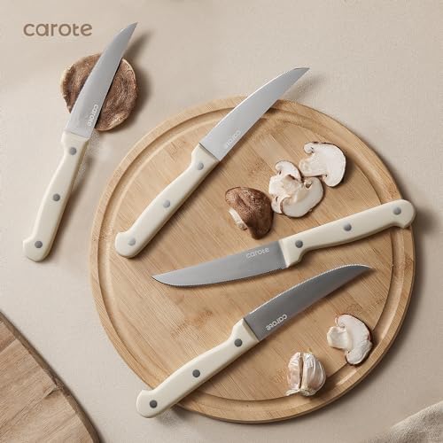 CAROTE 14 Pieces Knife Set with Block, Forged, High Carbon Stainless Steel Sharp Blade Block Knife Set, Dishwasher Safe Cutlery,Linen White