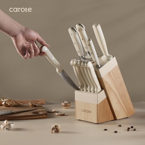 CAROTE 14 Pieces Knife Set with Block, Forged, High Carbon Stainless Steel Sharp Blade Block Knife Set, Dishwasher Safe Cutlery,Linen White