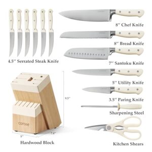 CAROTE 14 Pieces Knife Set with Block, Forged, High Carbon Stainless Steel Sharp Blade Block Knife Set, Dishwasher Safe Cutlery,Linen White