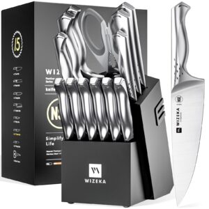 wizeka kitchen knife set with block, dishwasher safe 15 pcs professional chef knife set with knife sharpener, food grade german stainless steel knife block set, jaguar series