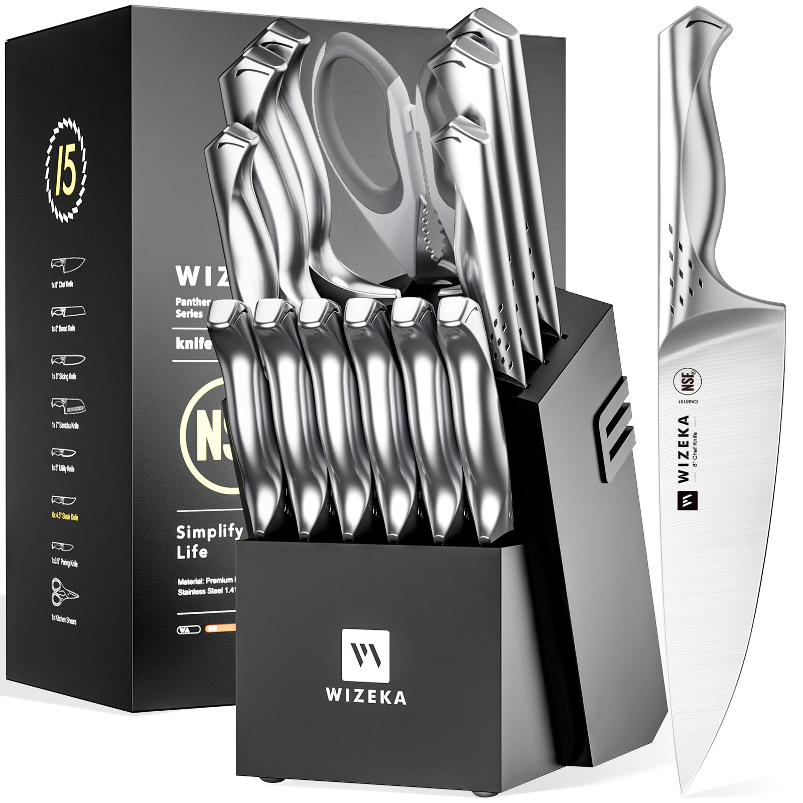 WIZEKA Kitchen Knife Set with Block, Dishwasher Safe 15 Pcs Professional Chef Knife Set with Knife Sharpener, Food Grade German Stainless Steel Knife Block Set, Jaguar Series