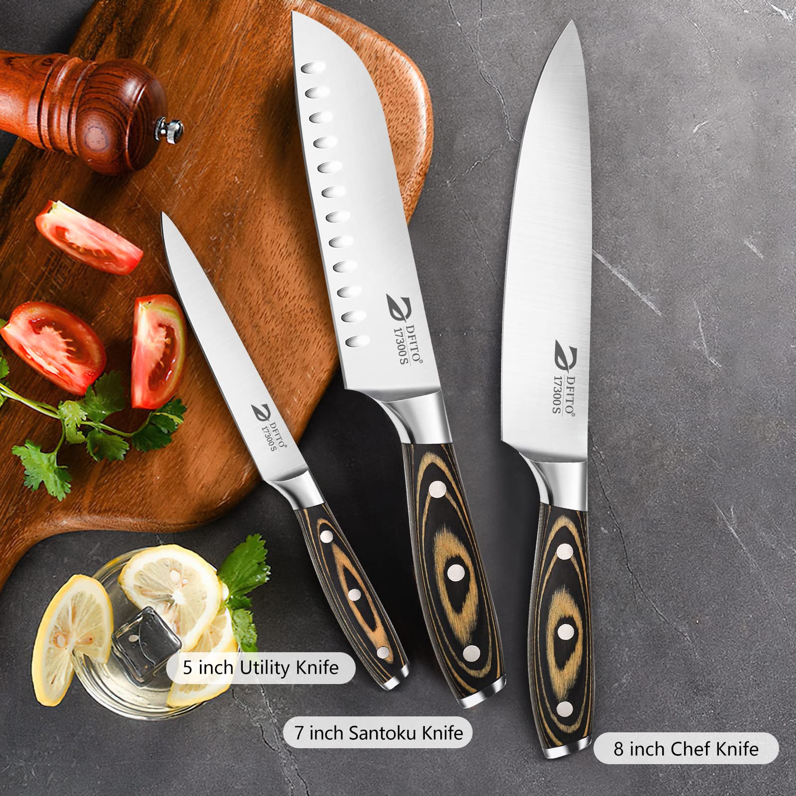 Dfito Kitchen Knife Set,High Carbon Stainless Steel Knife Set with Case for Kitchen,3 PCS Professional Ultra Sharp Knife Set includes 8'' Chef Knife, 7'' Santoku Knife and 5'' Utility Knife, Gift Box