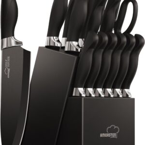 Knife Set, Amorston 15 Pieces Knife Sets for Kitchen with Block, Dishwasher Safe Kitchen Knife Set with Built in Sharpener Block, German Stainless Steel Knife Block Set, Black