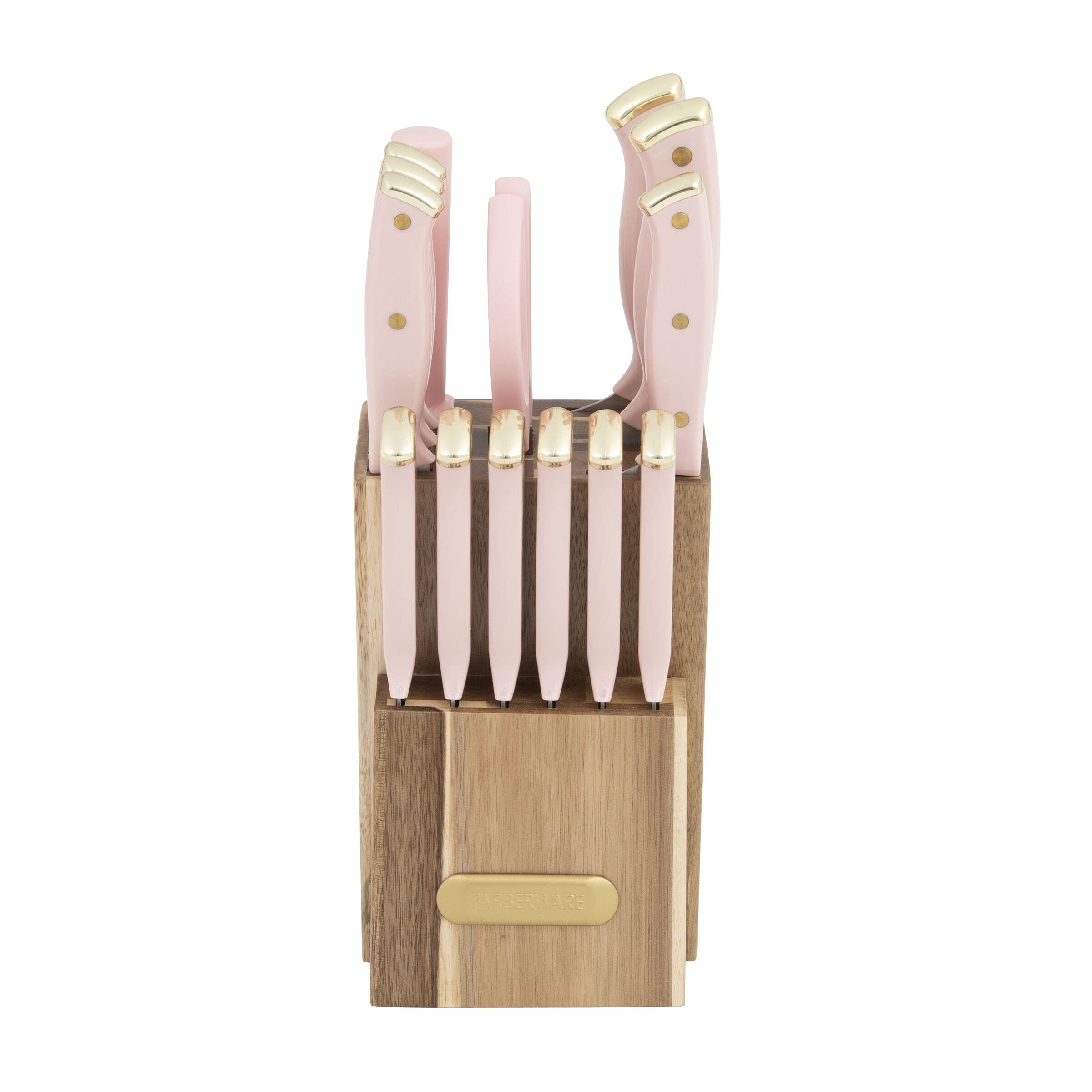 Farberware 15-Piece Triple Riveted Acacia Knife Block Set, High Carbon-Stainless Steel Kitchen Knives with Ergonomic Handles, Razor-Sharp Knife Set, Blush and Gold