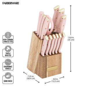 Farberware 15-Piece Triple Riveted Acacia Knife Block Set, High Carbon-Stainless Steel Kitchen Knives with Ergonomic Handles, Razor-Sharp Knife Set, Blush and Gold