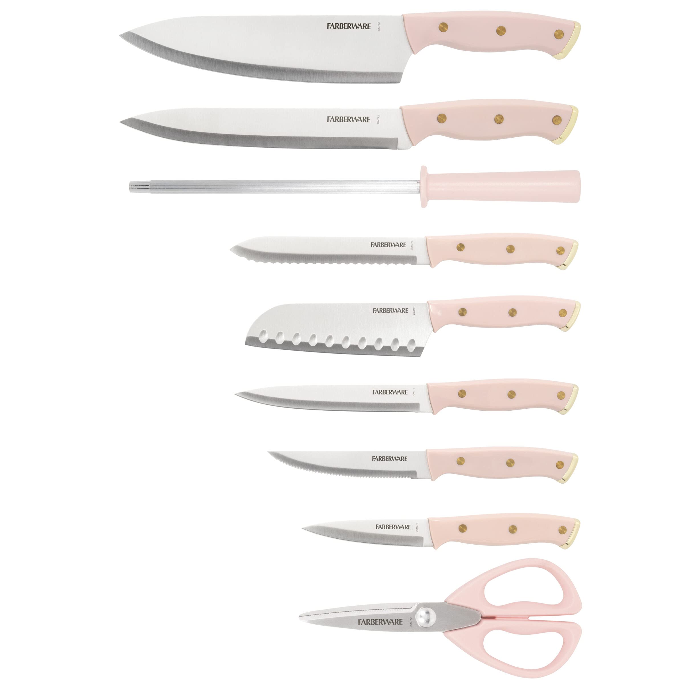 Farberware 15-Piece Triple Riveted Acacia Knife Block Set, High Carbon-Stainless Steel Kitchen Knives with Ergonomic Handles, Razor-Sharp Knife Set, Blush and Gold