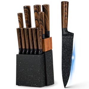 Vvwgkpk 12-Piece Kitchen Knife Set with Wooden Block,Professional Chef Knife Sets with steak knives,High Carbon German Stainless Steel Knife with Japanese Designed Wooden Pattern Stainless Handle