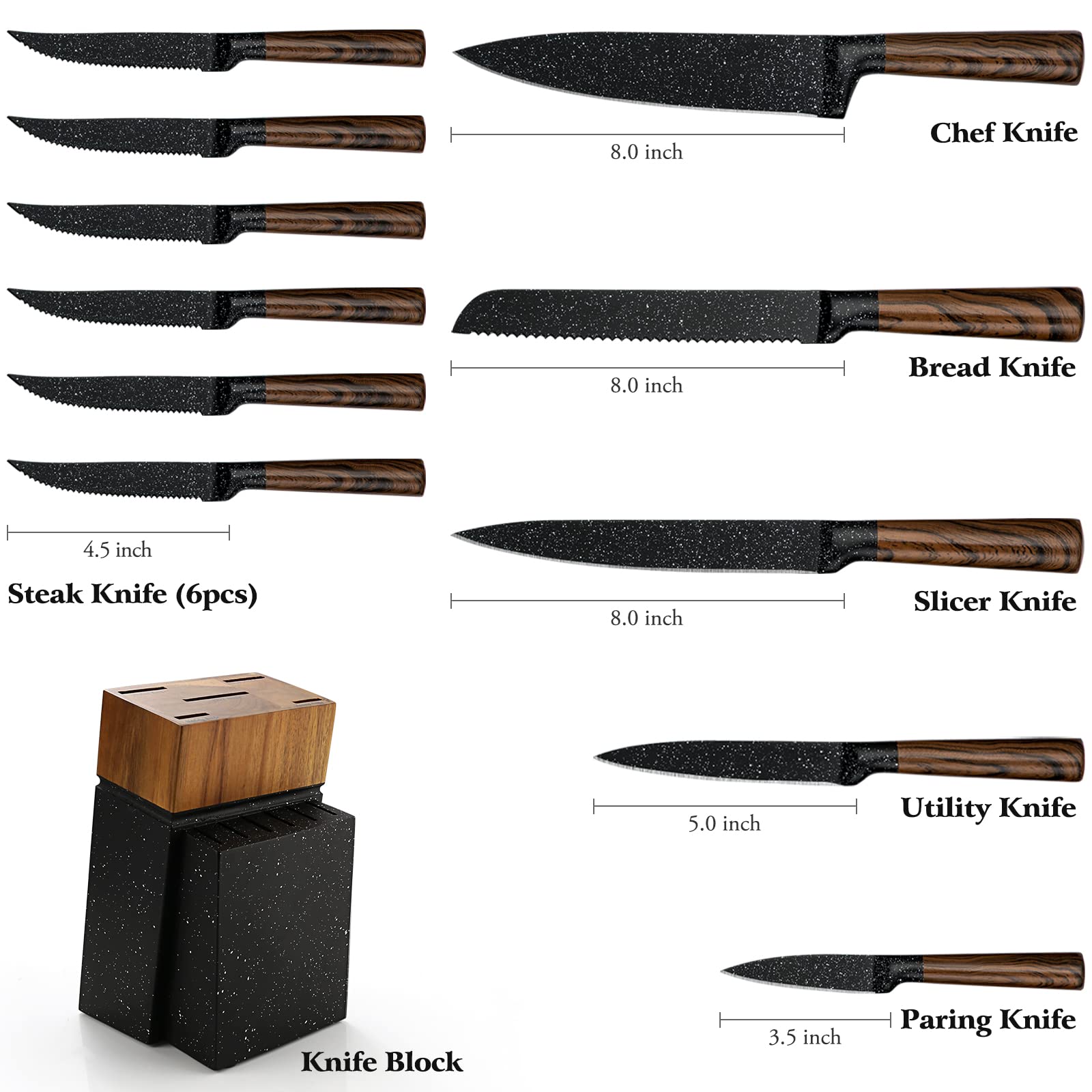 Vvwgkpk 12-Piece Kitchen Knife Set with Wooden Block,Professional Chef Knife Sets with steak knives,High Carbon German Stainless Steel Knife with Japanese Designed Wooden Pattern Stainless Handle