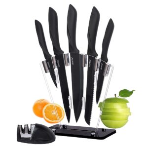 dearithe Kitchen Knife Set 7 Piece, High Carbon Stainless Steel Knife Block Set with Knife Sharpener, Professional Chef Knife Set with Acrylic Stand,Non stick coating for Anti-rusting and Sharp