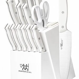 HUNTER.DUAL Knife Set, 15 Piece Kitchen Knife Set with Block Self Sharpening, Dishwasher Safe, Anti-slip Handle, White