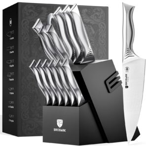 brodark kitchen knife set with block, 15-piece knife block set with built-in sharpener, dishwasher safe knives set for kitchen, nsf certified stainless steel kitchen knives, shark series