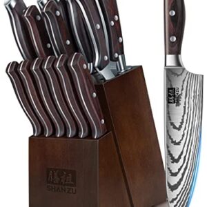 SHAN ZU 16-Piece Japanese Knife Set - High Carbon Stainless Steel Kitchen Knife Set with Block and Sharpener