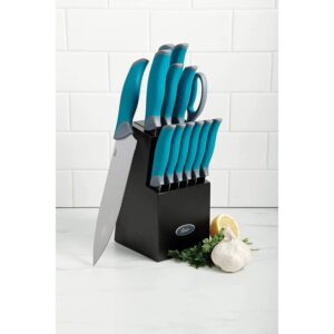 Oster Lindbergh 14 Piece Stainless Steel Cutlery Set Black Block, Teal Handles,Teal/Black