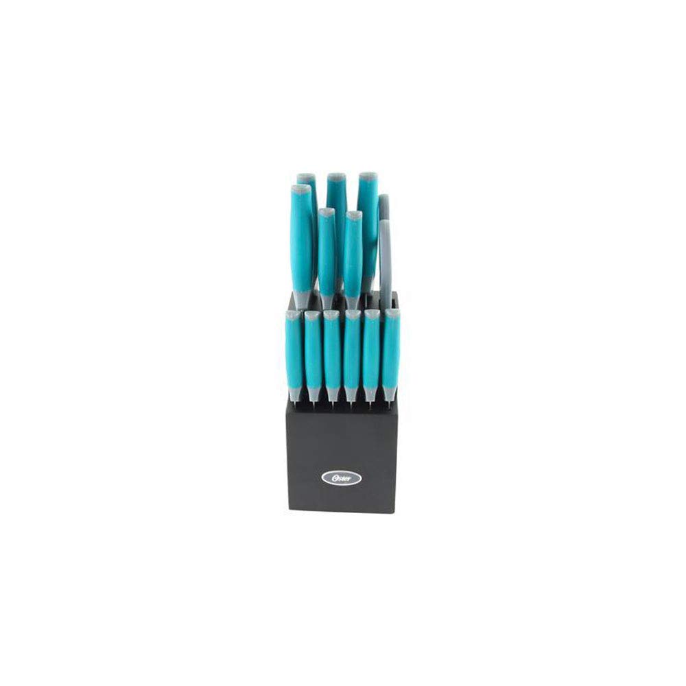 Oster Lindbergh 14 Piece Stainless Steel Cutlery Set Black Block, Teal Handles,Teal/Black