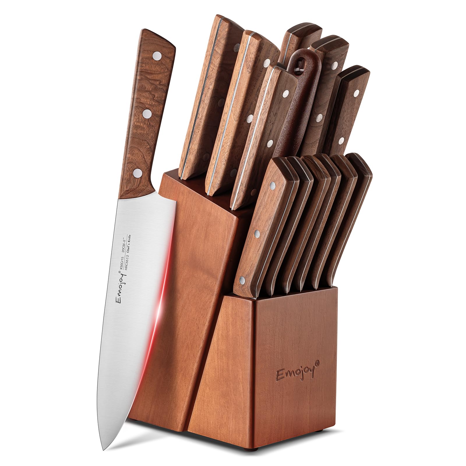 Emojoy Knife Set, 15-Piece Kitchen Knife Set with Block Wooden, Kitchen Knives Sharpener and Scissors German Stainless Steel (Brown)