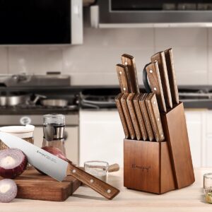 Emojoy Knife Set, 15-Piece Kitchen Knife Set with Block Wooden, Kitchen Knives Sharpener and Scissors German Stainless Steel (Brown)