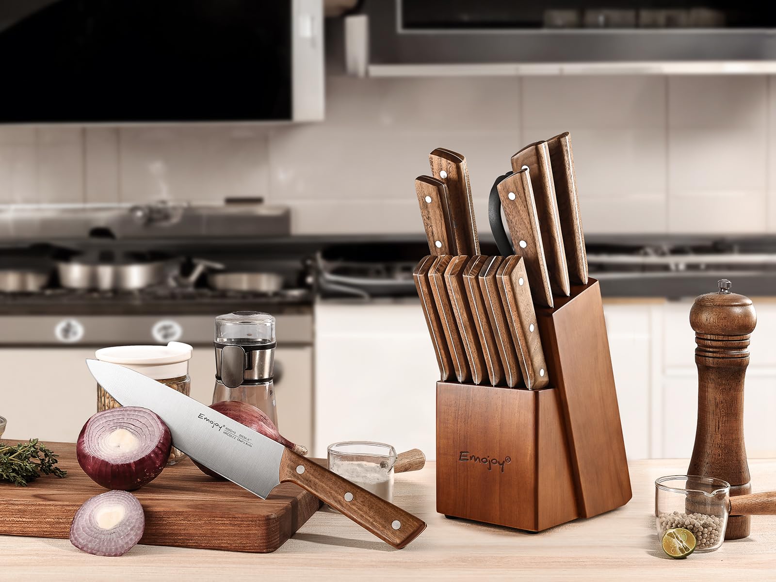 Emojoy Knife Set, 15-Piece Kitchen Knife Set with Block Wooden, Kitchen Knives Sharpener and Scissors German Stainless Steel (Brown)