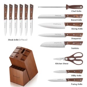 Emojoy Knife Set, 15-Piece Kitchen Knife Set with Block Wooden, Kitchen Knives Sharpener and Scissors German Stainless Steel (Brown)