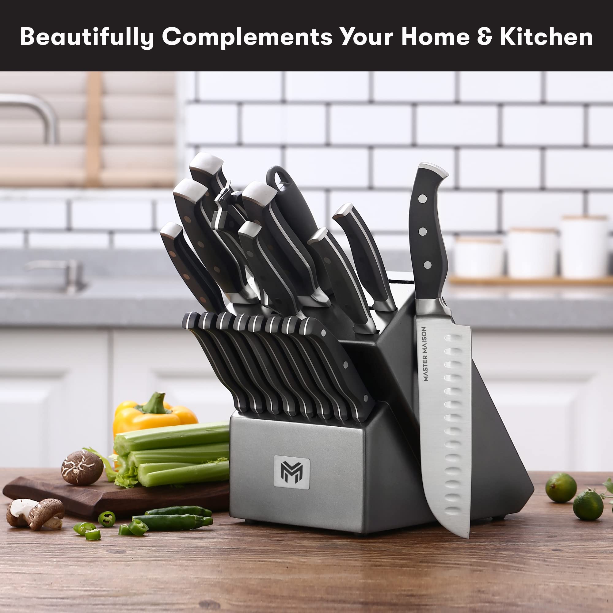 Master Maison 19-Piece Premium Kitchen Knife Set with Wooden Block and Knife Sharpener - German Stainless Steel Cutlery (Gray)