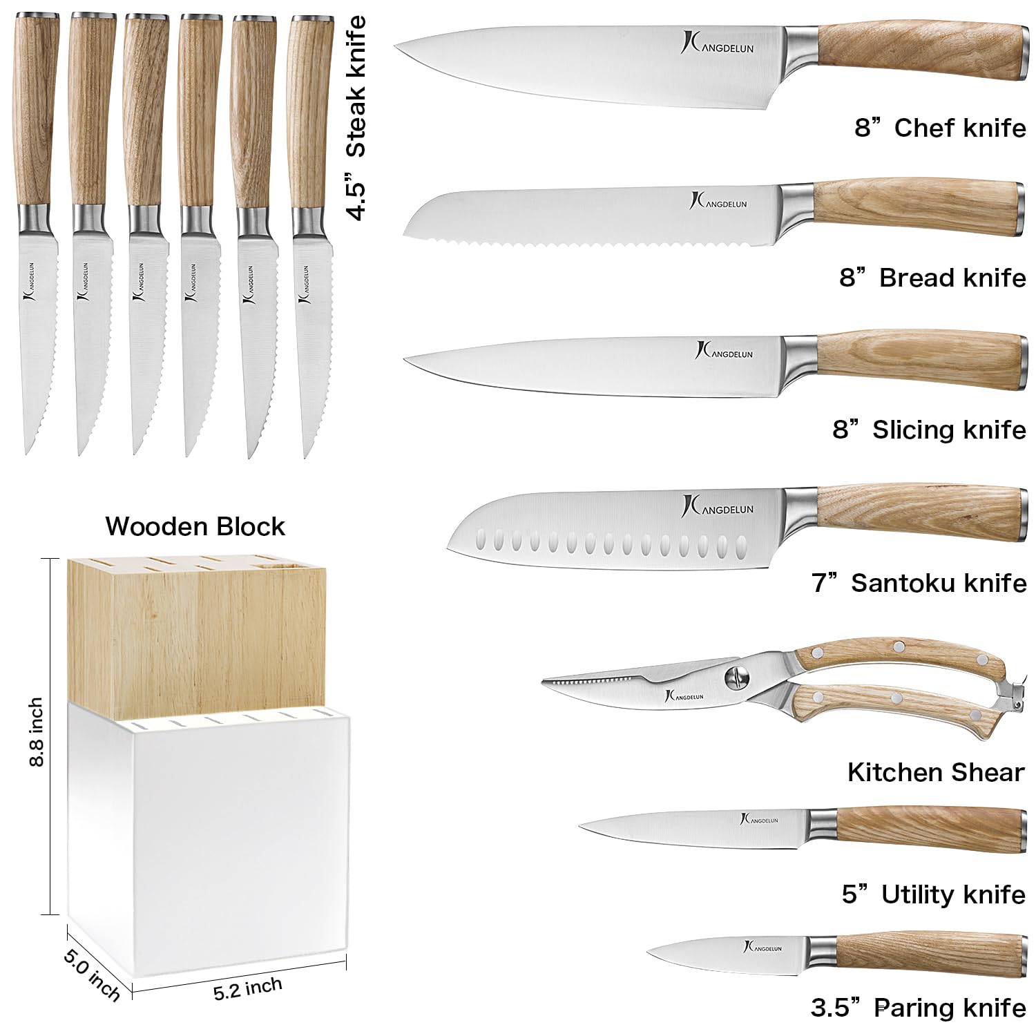 Kangdelun Natura Series 14 PCS Knife Block Set, Ultra Sharp High Carbon Stainless Steel with Wooden Handle