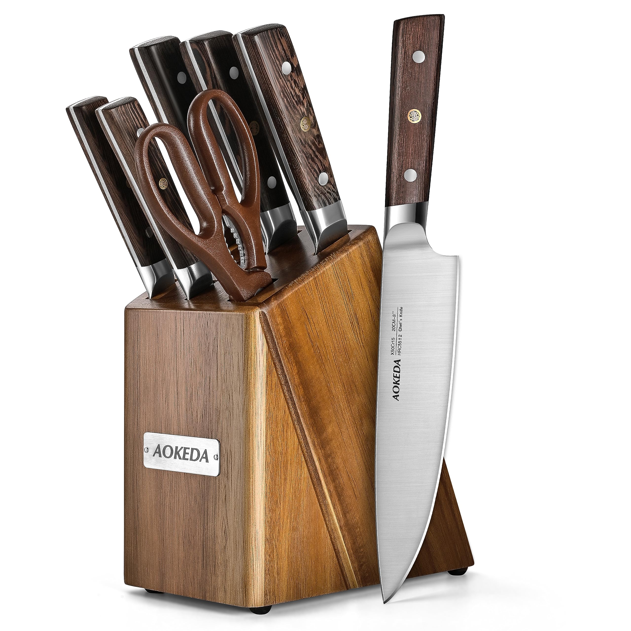 AOKEDA 7-Piece Kitchen Knife Set with Block, High Carbon German Steel, with Kitchen Shears (Natural Wenge)