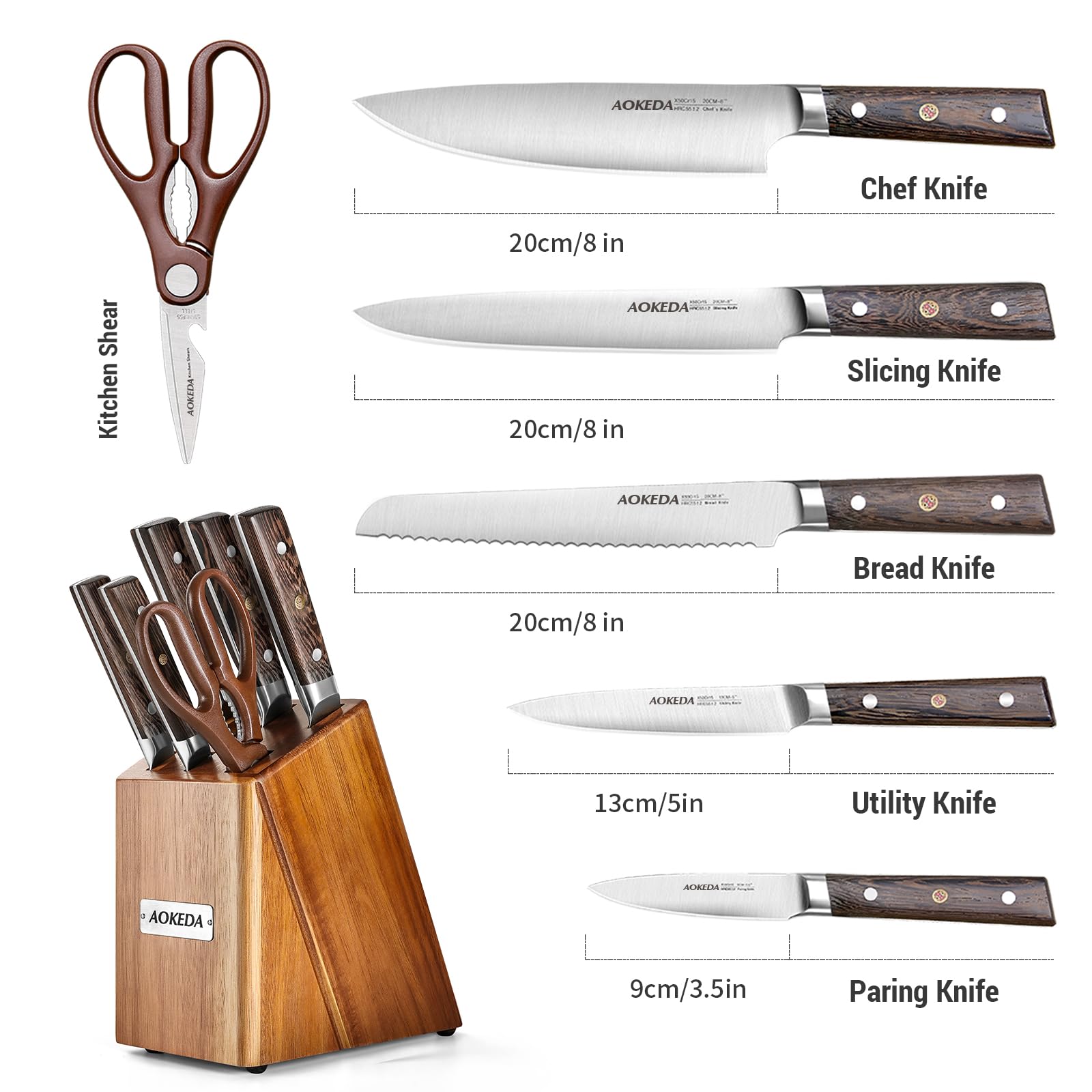 AOKEDA 7-Piece Kitchen Knife Set with Block, High Carbon German Steel, with Kitchen Shears (Natural Wenge)