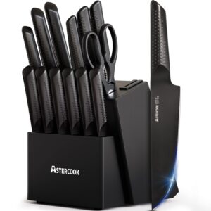 astercook knife set, 15 pieces kitchen knife sets with block and built-in knife sharpener, german stainless steel handle one-piece design knives block set dishwasher safe, black