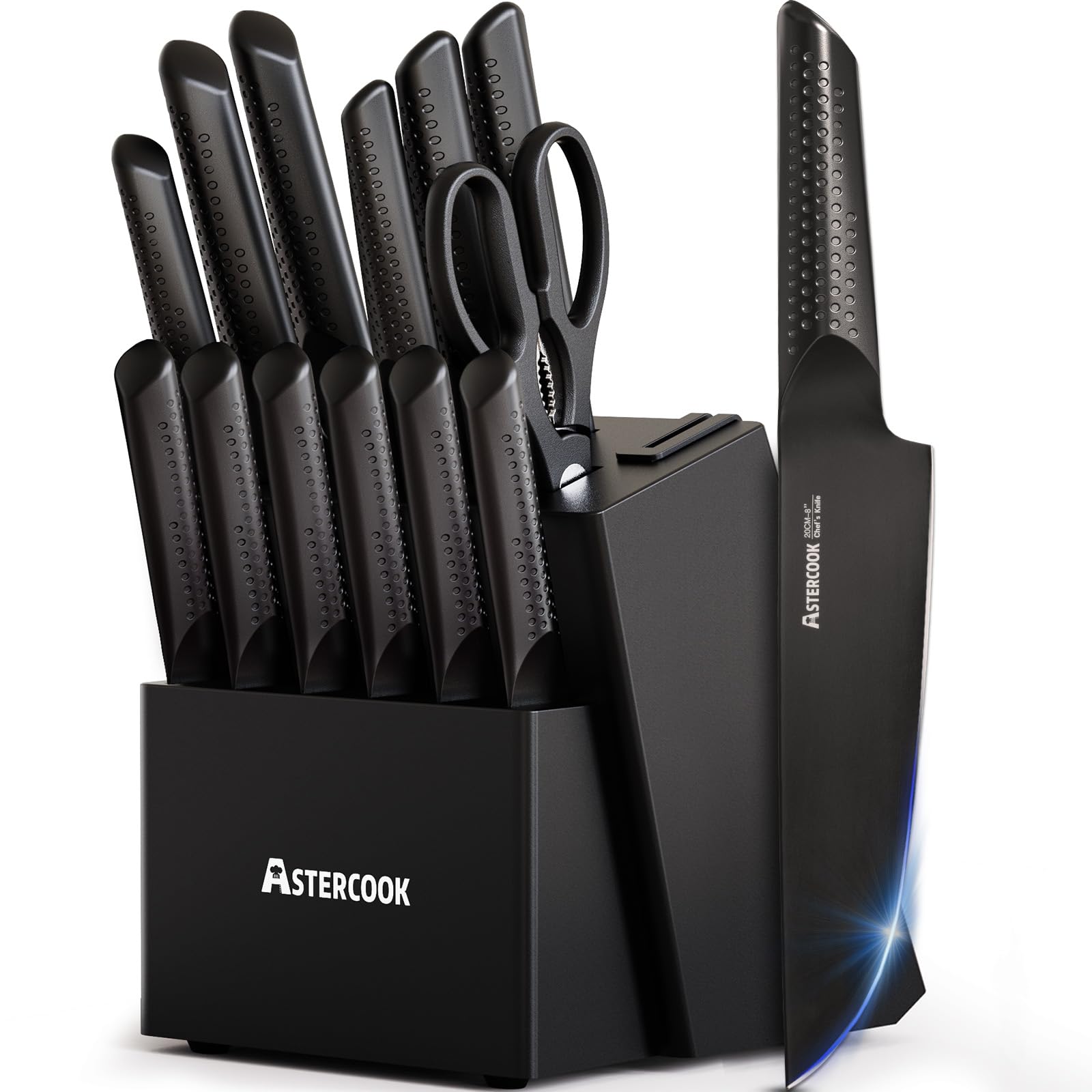 Astercook Knife Set, 15 Pieces Kitchen Knife Sets with Block and Built-in Knife Sharpener, German Stainless Steel Handle One-Piece Design Knives Block Set Dishwasher Safe, Black