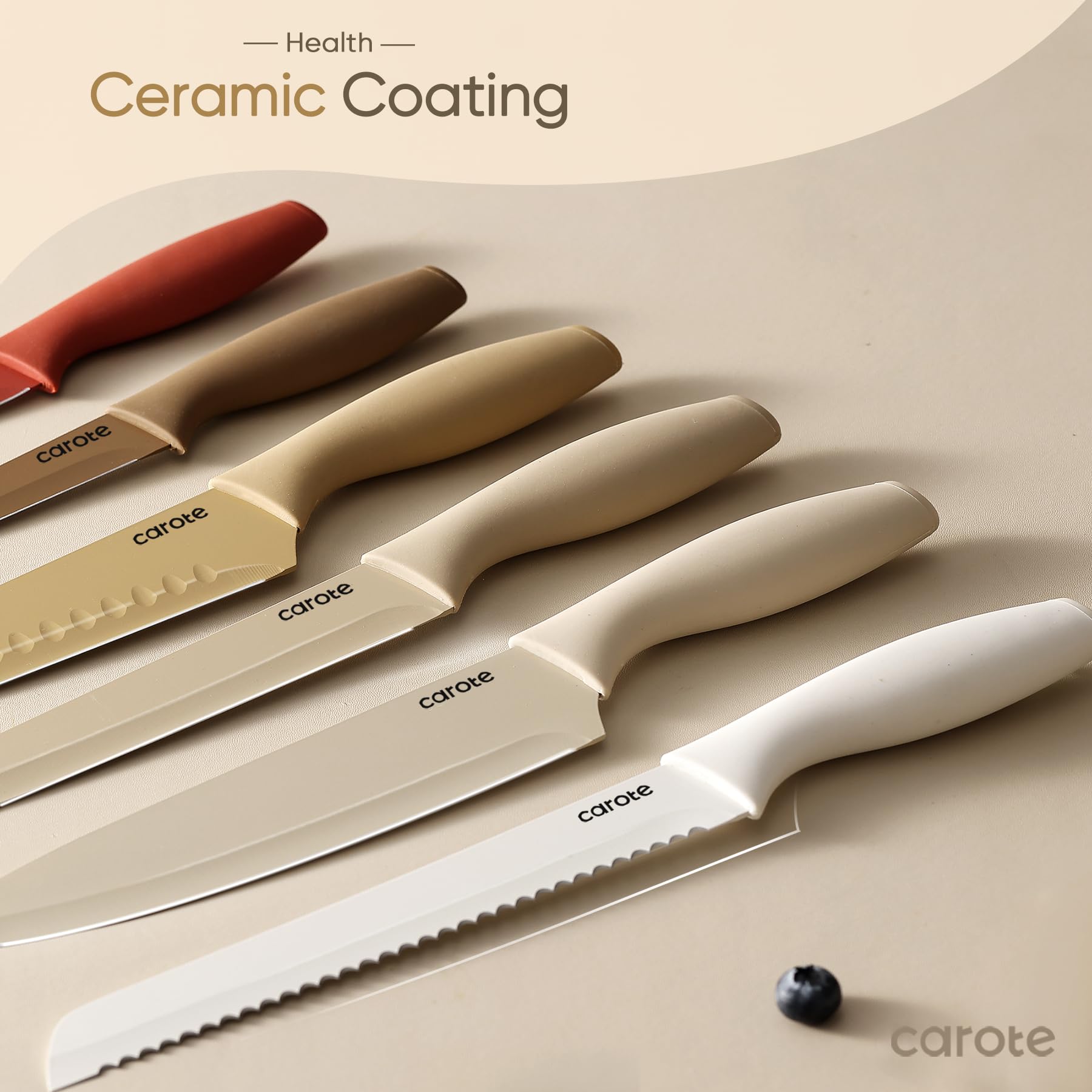 CAROTE 12 Pieces Kitchen Knife Set, Stainless Steel Knife Set With Nonstick Creamic Coating,Dishwasher Safe with 6 Blade Guards, Rustproof, Brown