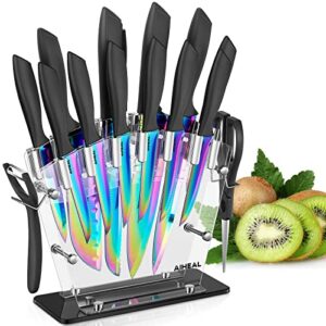 aiheal knife set, 16 pieces high carbon stainless steel rainbow color kitchen knife set, titanium coating blade, no rust and super sharp cutlery knife set with acrylic stand and kitchen scissors, gift