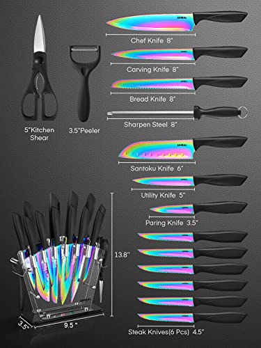 Aiheal Knife Set, 16 Pieces High Carbon Stainless Steel Rainbow Color Kitchen Knife Set, Titanium Coating Blade, No Rust and Super Sharp Cutlery Knife Set with Acrylic Stand and Kitchen Scissors, Gift