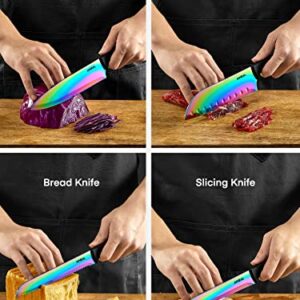 Aiheal Knife Set, 16 Pieces High Carbon Stainless Steel Rainbow Color Kitchen Knife Set, Titanium Coating Blade, No Rust and Super Sharp Cutlery Knife Set with Acrylic Stand and Kitchen Scissors, Gift