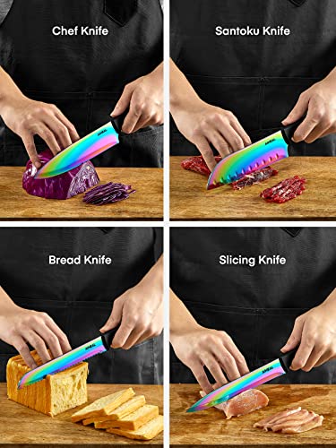 Aiheal Knife Set, 16 Pieces High Carbon Stainless Steel Rainbow Color Kitchen Knife Set, Titanium Coating Blade, No Rust and Super Sharp Cutlery Knife Set with Acrylic Stand and Kitchen Scissors, Gift