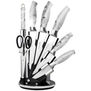 professional kitchen knife set – 7pcs calcutta marble kitchen knives – 360 degree rotating knife block sharp stainless steel blades – by nuovva