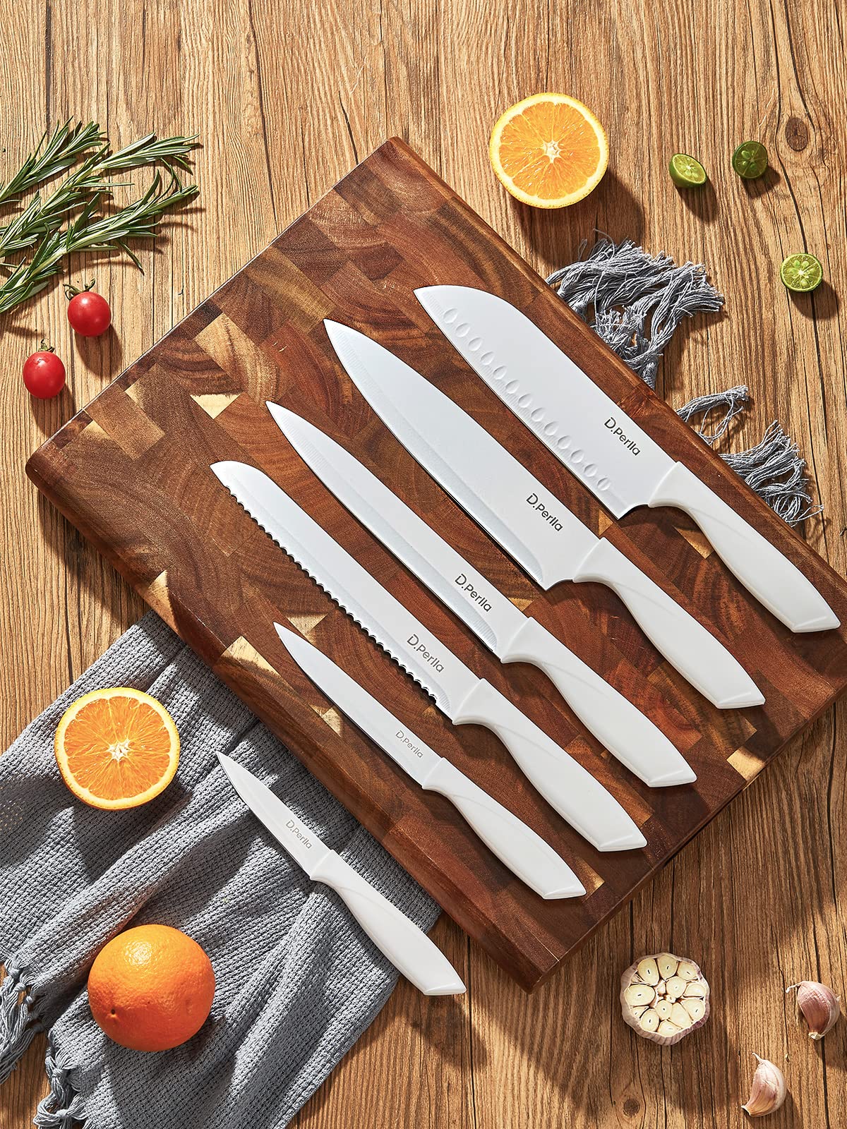 Knife Set, D.Perlla 16 Pieces White Kitchen Knife Set with Acrylic Stand, High Carbon Stainless Steel, Non Stick Coated Knife Block Set, No Rust, Non Slip Handle, Sharp Knife