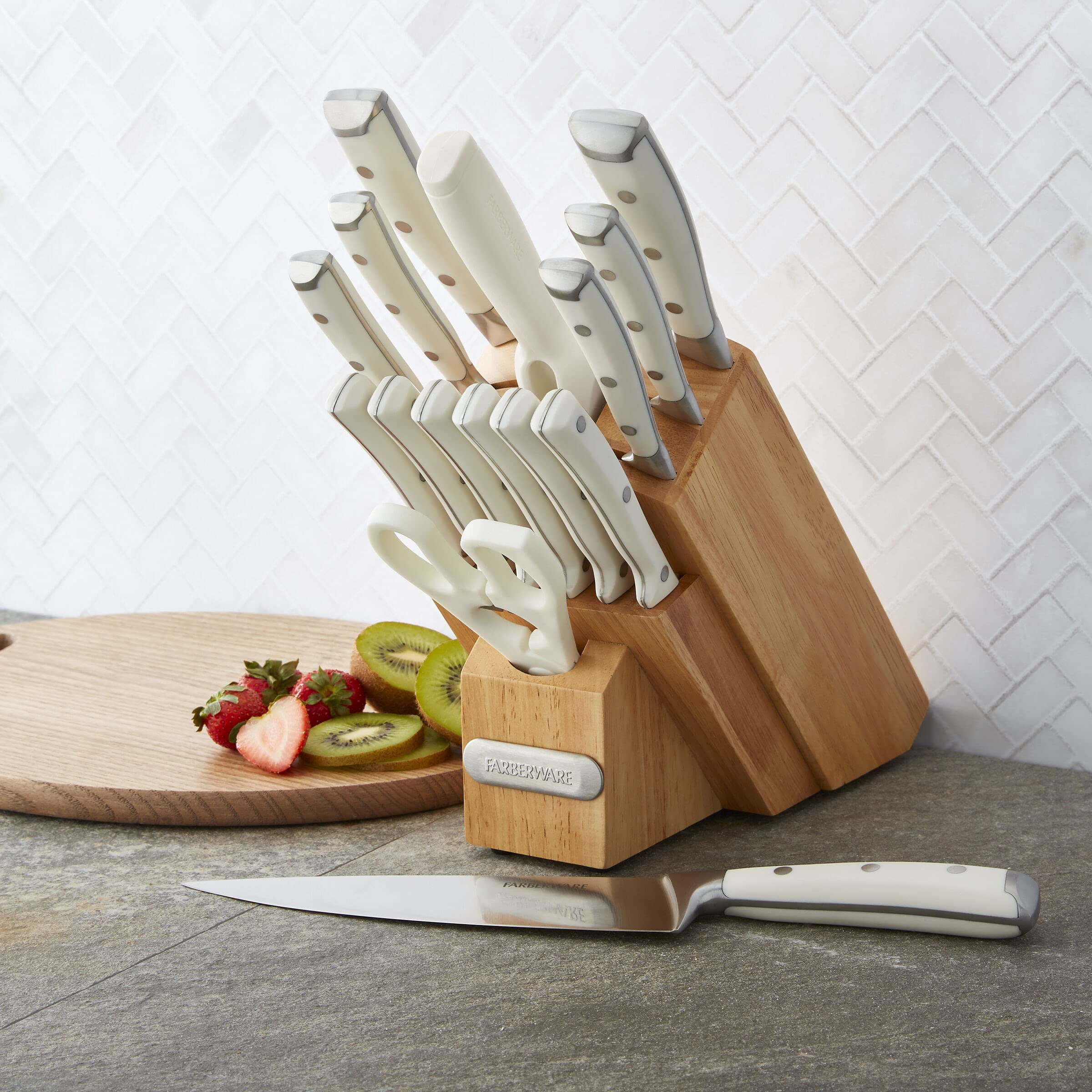 Farberware 15-Piece Forged Triple Rivet Knife Block Set, High-Carbon Kitchen Knife set with Ergonomic Handles, 15-Piece Set, Razor-Sharp Knife Set, White