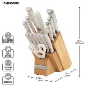 Farberware 15-Piece Forged Triple Rivet Knife Block Set, High-Carbon Kitchen Knife set with Ergonomic Handles, 15-Piece Set, Razor-Sharp Knife Set, White