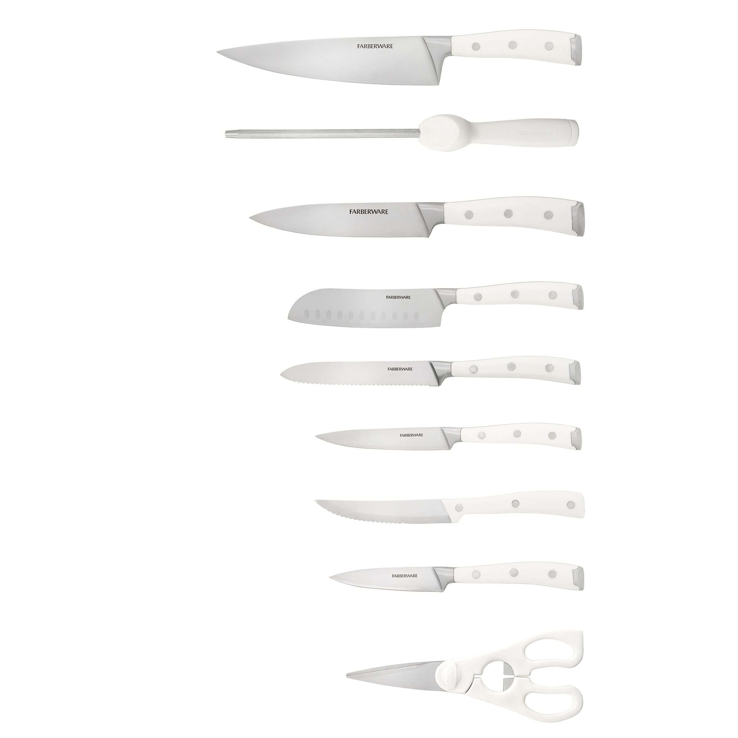 Farberware 15-Piece Forged Triple Rivet Knife Block Set, High-Carbon Kitchen Knife set with Ergonomic Handles, 15-Piece Set, Razor-Sharp Knife Set, White