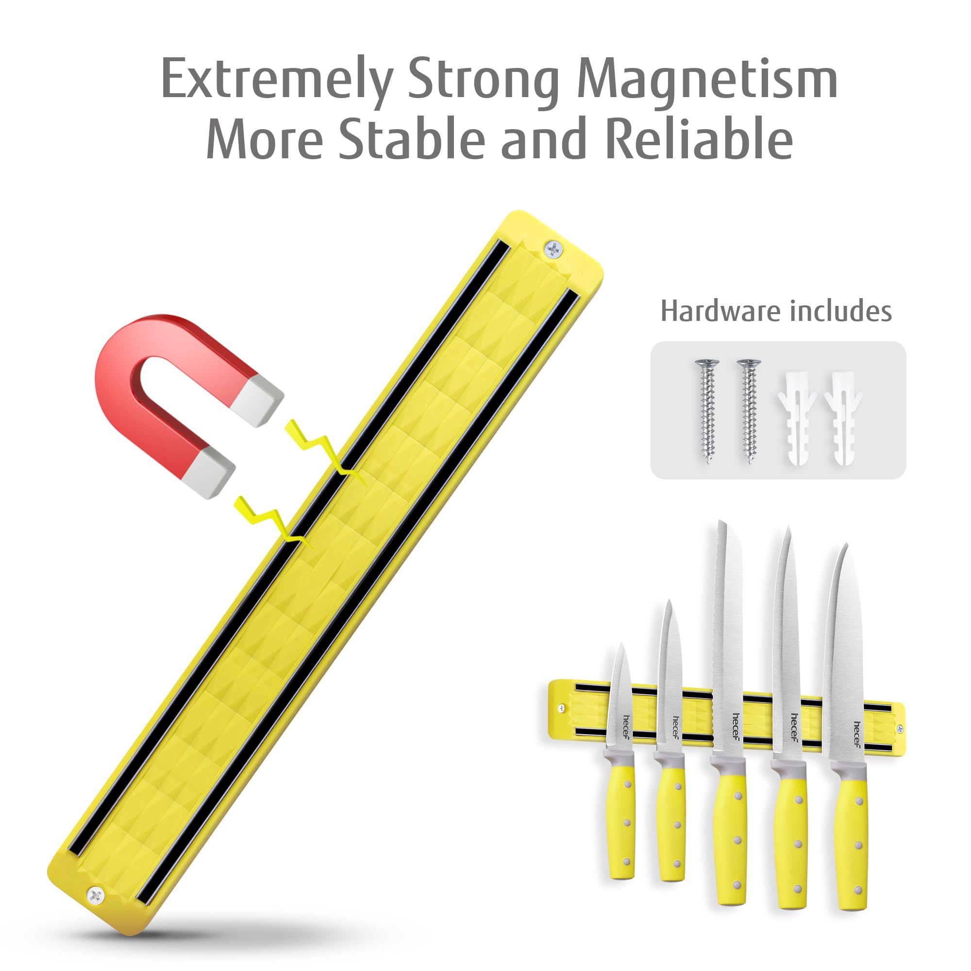 hecef Kitchen Knife Set with Magnetic Strip, 6 pcs Professional Knives Set for Kitchen, 13-inch Magnetic Strip Stainless Steel Sharp Chef Knife Set with Yellow Handle for Cutting Meat & Vegetable