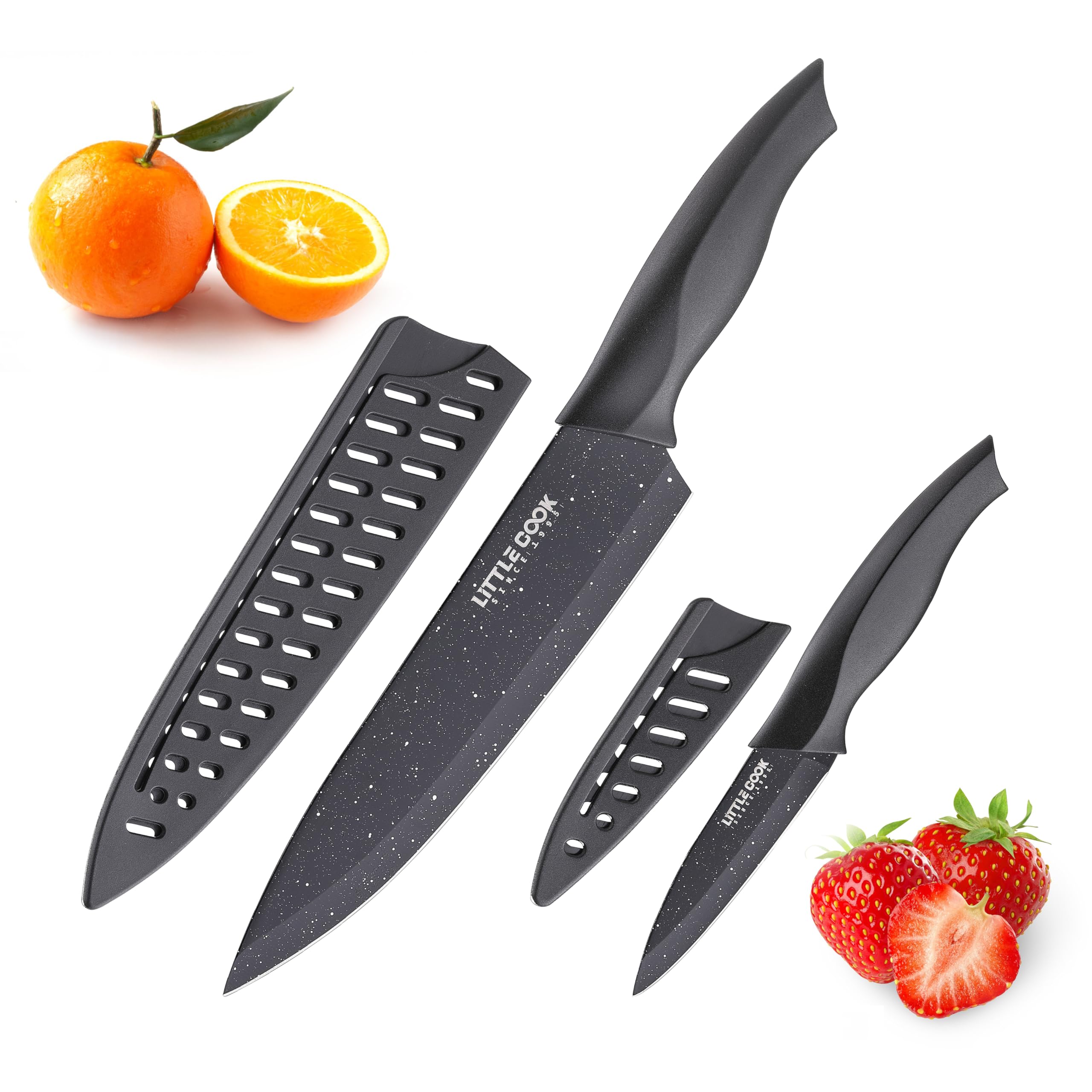 Chef Knife, Little Cook Ultra Sharp Kitchen Knife, German Stainless Steel Chef Knife Set, Includes 8 inch Chef’s Knife, 4 inch Paring Knife and 2 Matched Knife Sheath (Black)