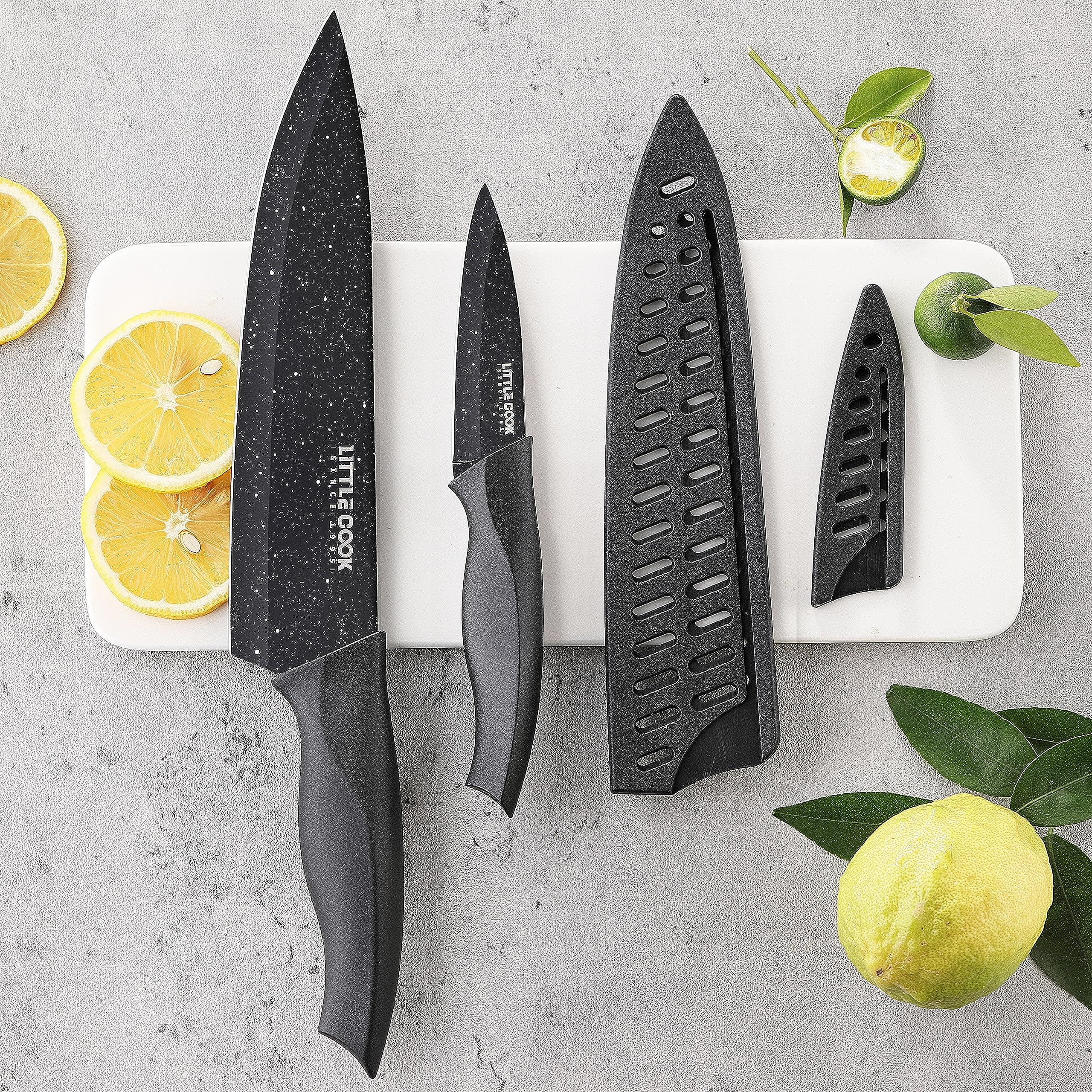 Chef Knife, Little Cook Ultra Sharp Kitchen Knife, German Stainless Steel Chef Knife Set, Includes 8 inch Chef’s Knife, 4 inch Paring Knife and 2 Matched Knife Sheath (Black)