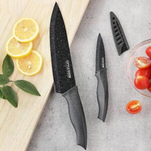 Chef Knife, Little Cook Ultra Sharp Kitchen Knife, German Stainless Steel Chef Knife Set, Includes 8 inch Chef’s Knife, 4 inch Paring Knife and 2 Matched Knife Sheath (Black)