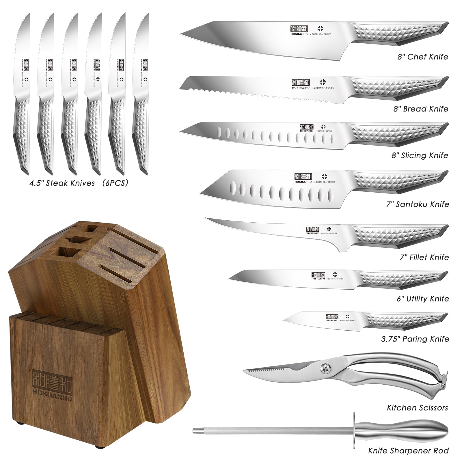 HOSHANHO Kitchen Knife Set with Block, 16-Piece Sharp Japanese Stainless Steel Chef Knife Set, Professional Knife Block Set with Sharpener