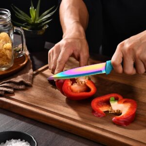 Rainbow Titanium Knife Set 17 PCS Kitchen Knives Set Sharp Cutlery Knife Sets Contain 6 Steak Knives Sharpener Clear Acrylic Stand Nonstick Chef Knife Block Set (Turquoise)